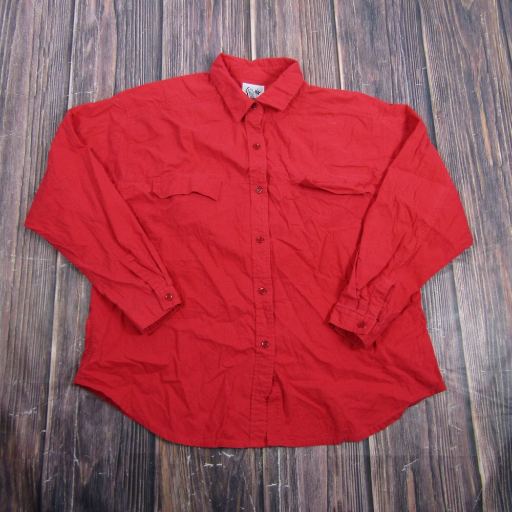 Genesis Button Down Shirt Womens L Red Long Sleeve 100% Cotton Utility Blouse